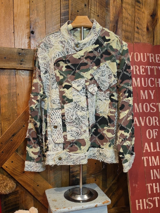 POL Jackets & Blazers - POL Patchwork Camouflage and Lace Jacket in Green and Brown